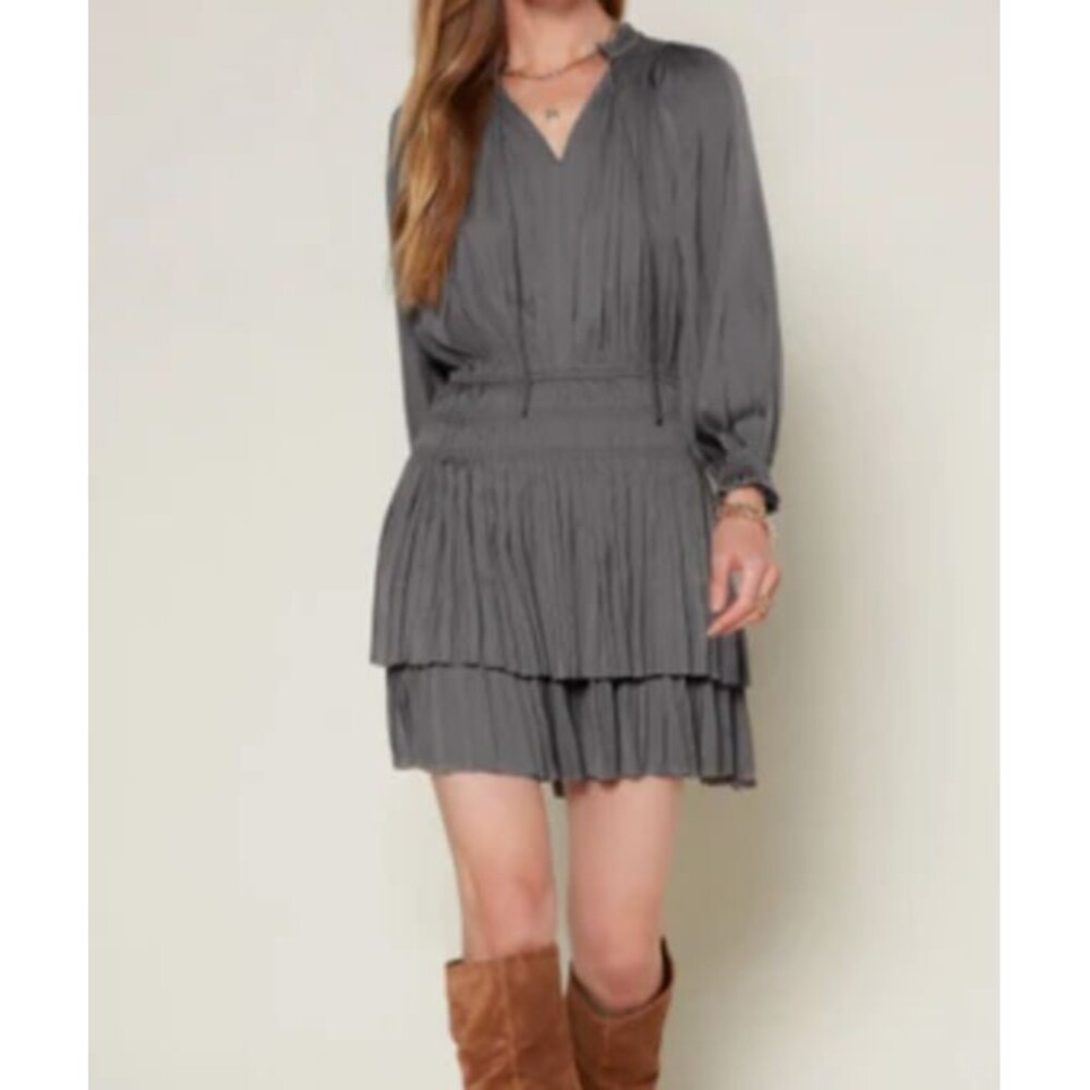 Current Air Women's Cecile Smocked Mini Dress Gray Long Sleeve Pleated Large